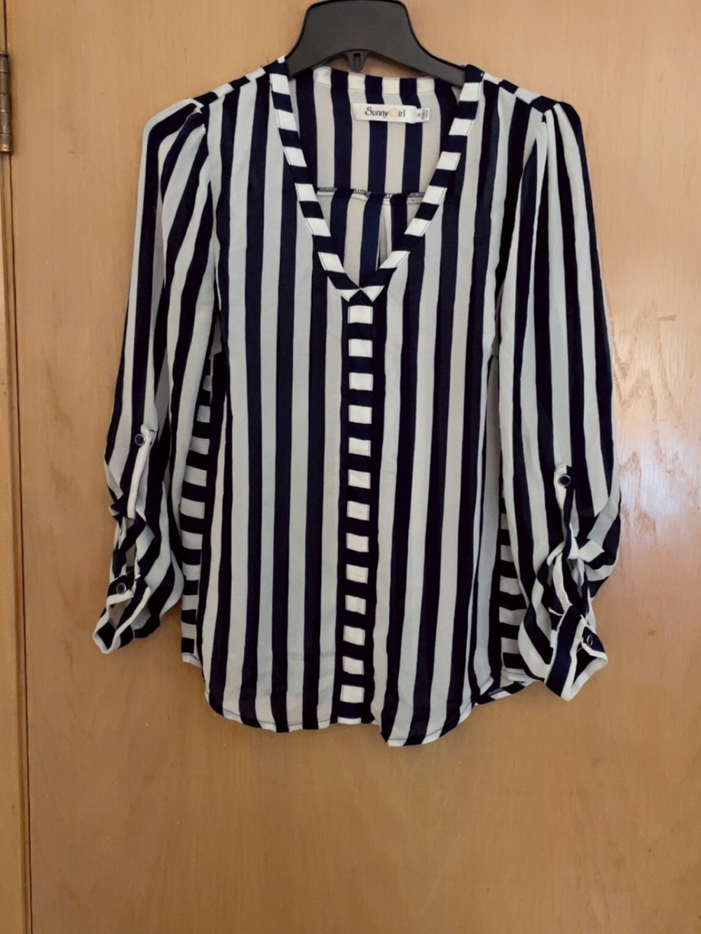 Sunny Girl Navy and White Vertical Stripe V-Neck Blouse